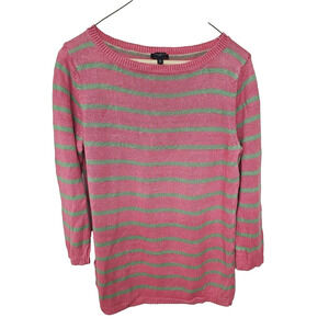 Talbots Women's SP 100% Linen Pullover Pink Green Stripe 3/4 Sleeve Sweater